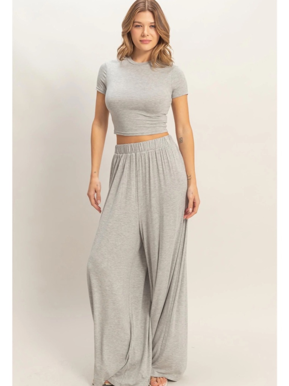 HYFVE Heather Gray Wide Leg Lounge Set Large 2 Piece Crop Top Pants